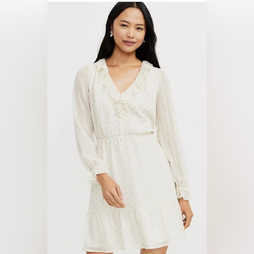 Loft S, Long-Sleeve Short Dress, Cream w/ Gold Metallic